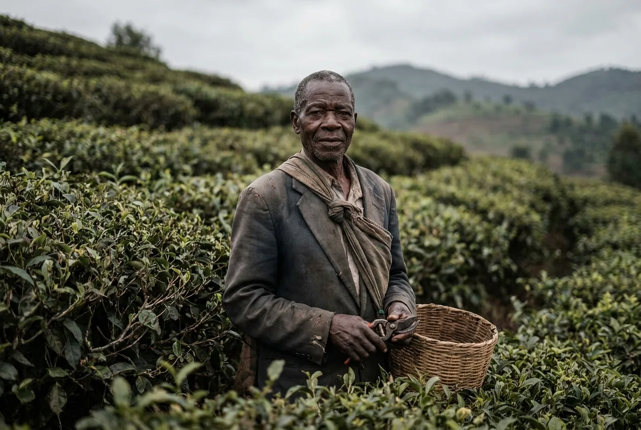 Een theeboer tussen orthodoxe theestruiken op Satemwa Estate, Malawi (voorbeeldafbeelding)