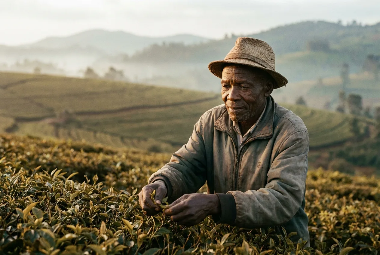 Een theeboer plukt met de hand heel blad in de Nandi Hills, Kenia (voorbeeldafbeelding)